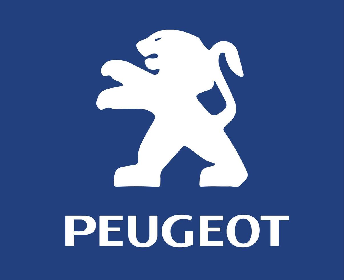 Peugeot Logo Brand Symbol With Name White Design French Car Automobile Vector Illustration With Blue Background