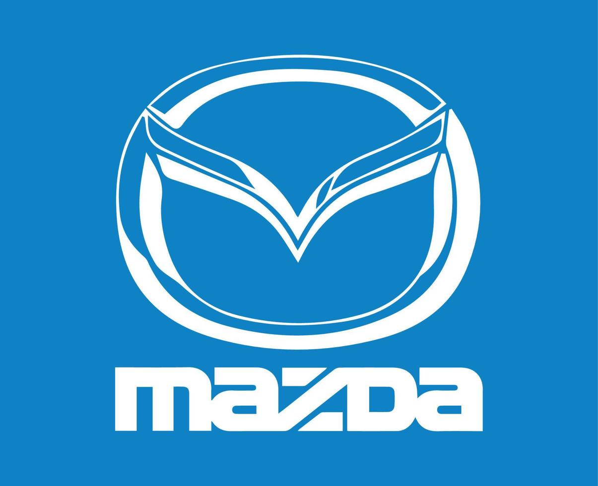 Mazda Brand Logo Symbol With Name White Design Japan Car Automobile Vector Illustration With Blue Background