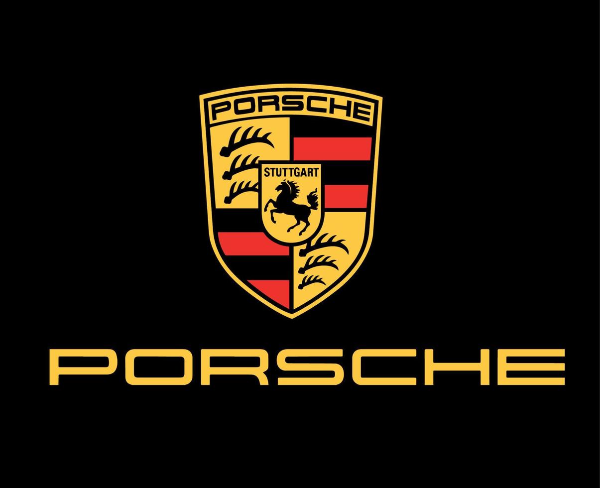 Porsche marca logo coche símbolo con nombre amarillo diseño alemán automóvil vector ilustración con negro antecedentes