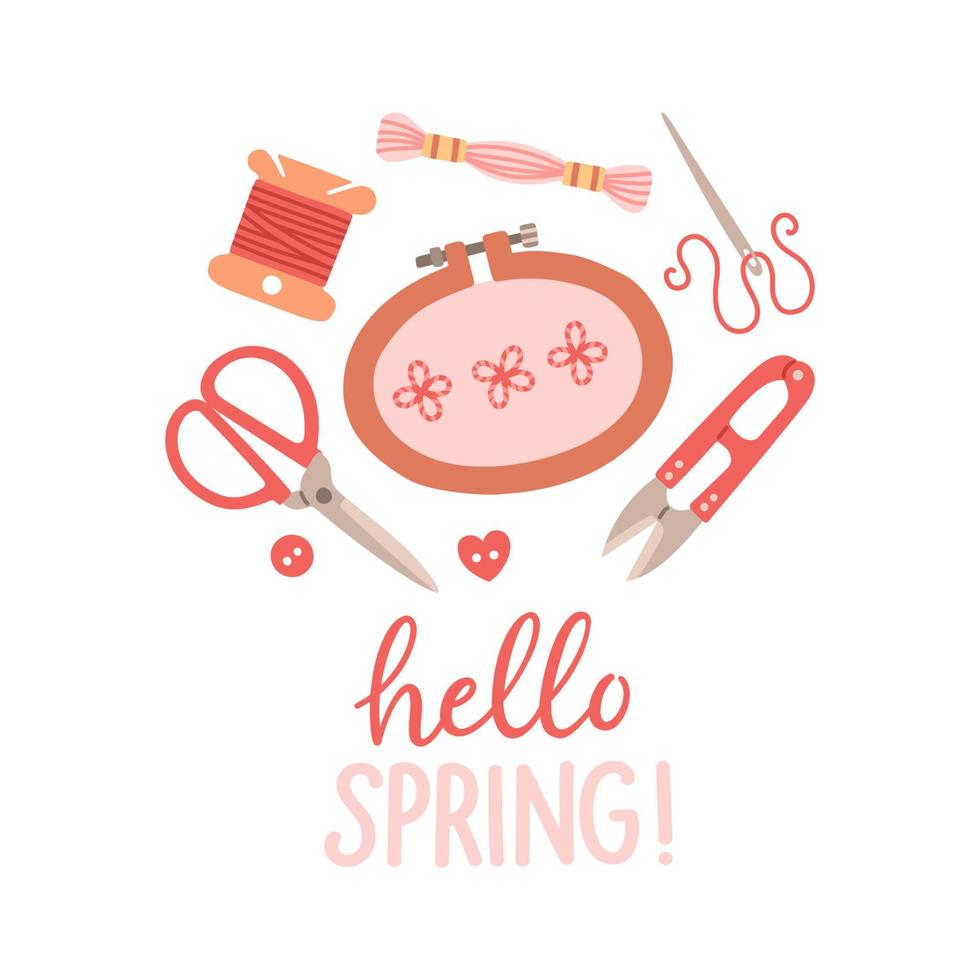 Hello Spring hand drawn vector illustration. Lettering spring season with embroidery leaves flowers for greeting card.