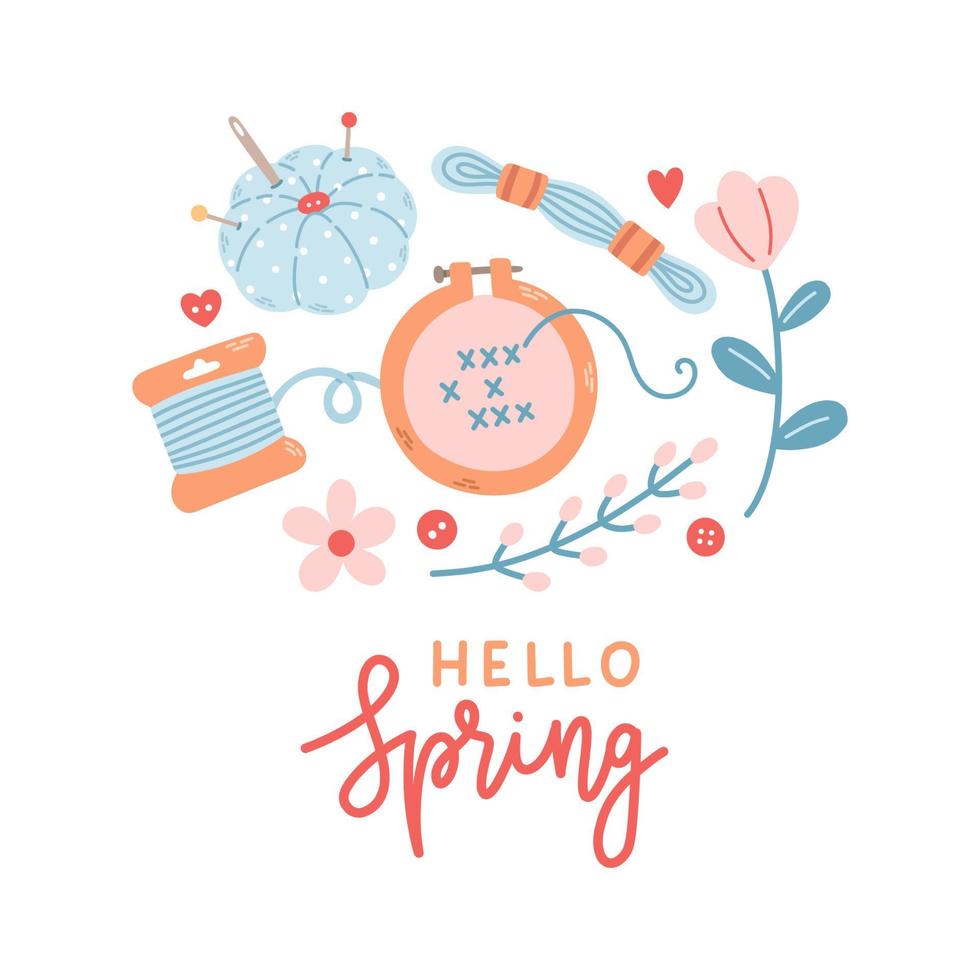 Hola primavera mano dibujado vector ilustración. letras primavera temporada con bordado hojas flores para saludo tarjeta.