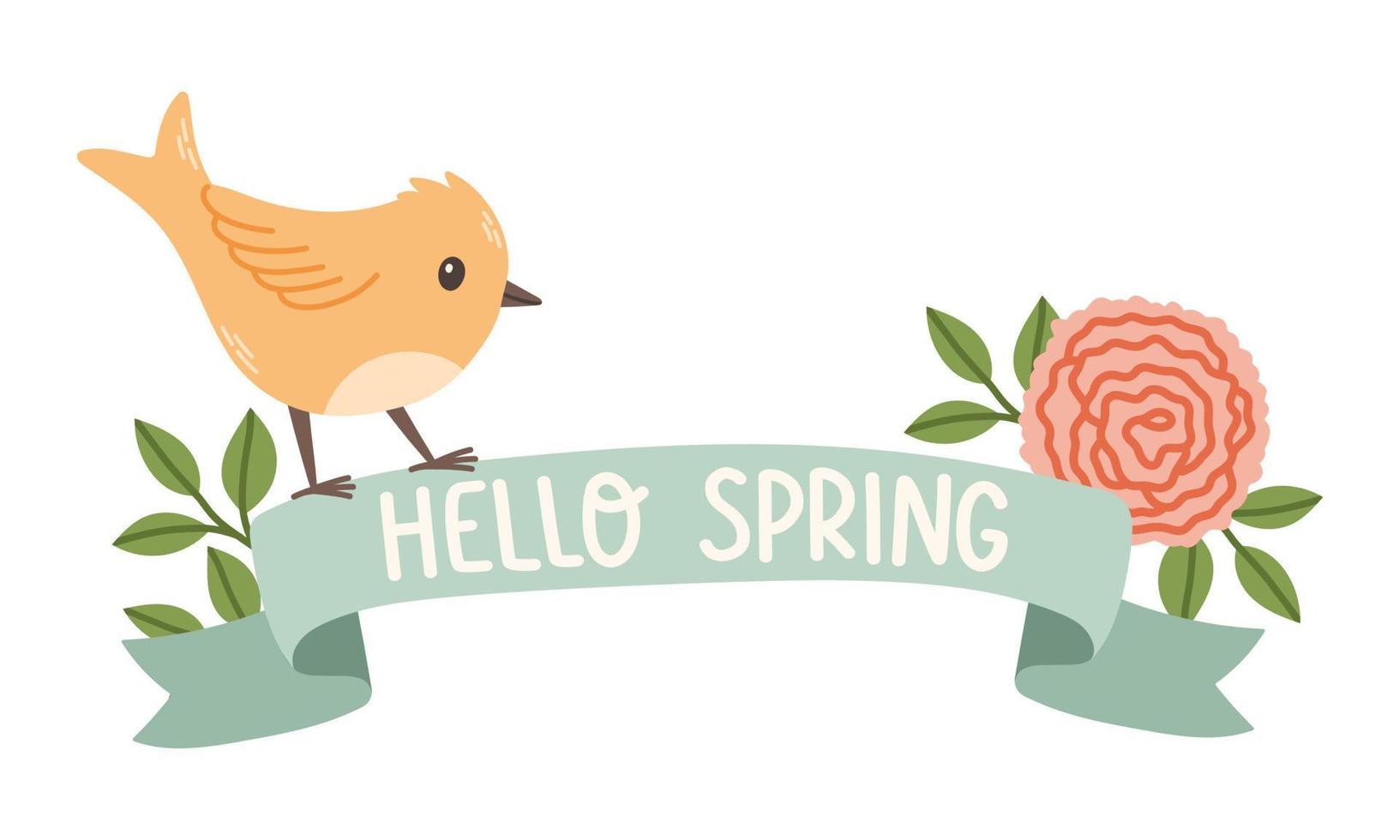 primavera etiqueta con temporada citas, pájaro, cinta. mano dibujado primavera vector ilustración.