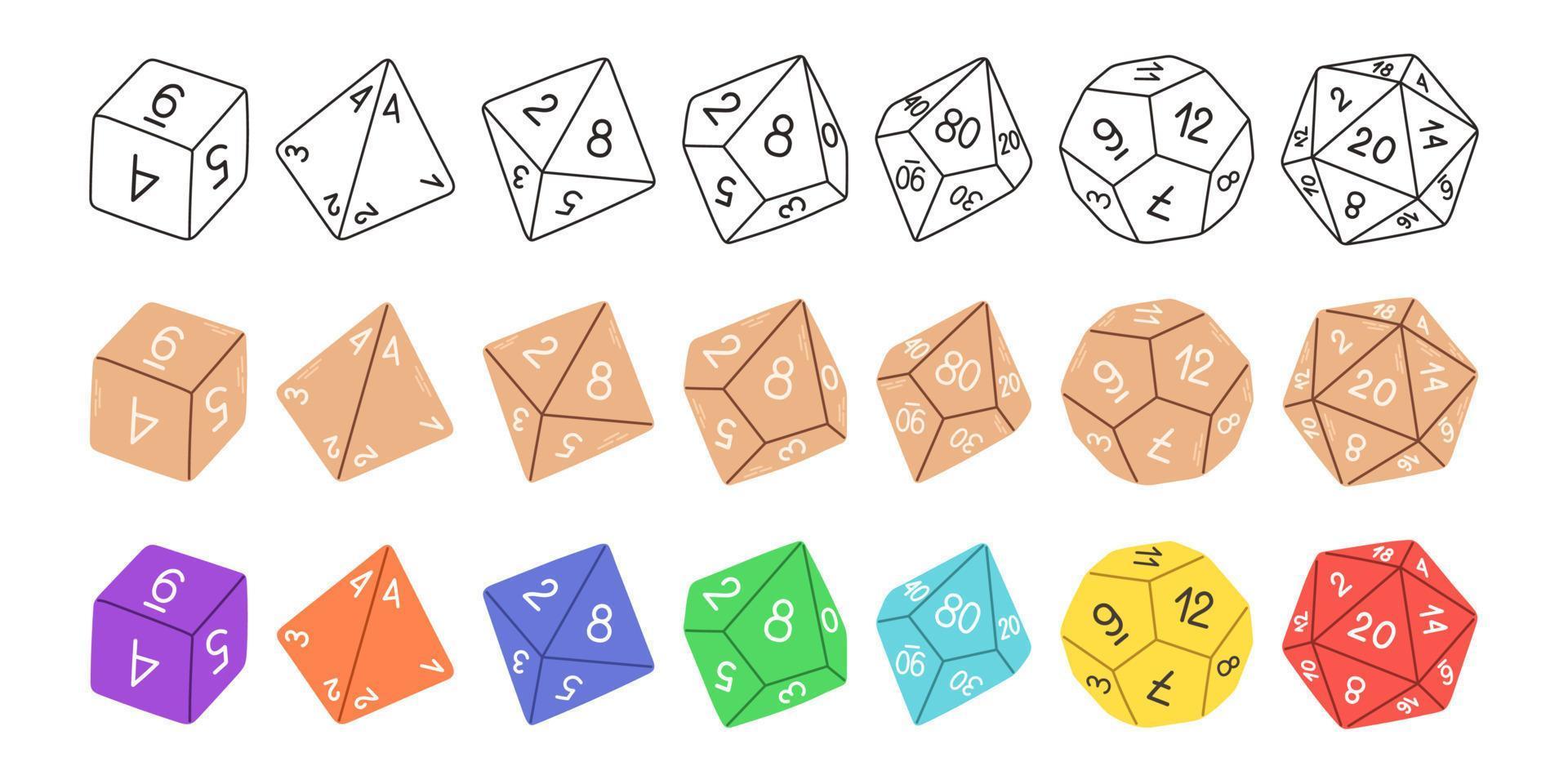 D8 D10 D12 D20 Dice for Board games. RPG dice set for table game. Vector illustration