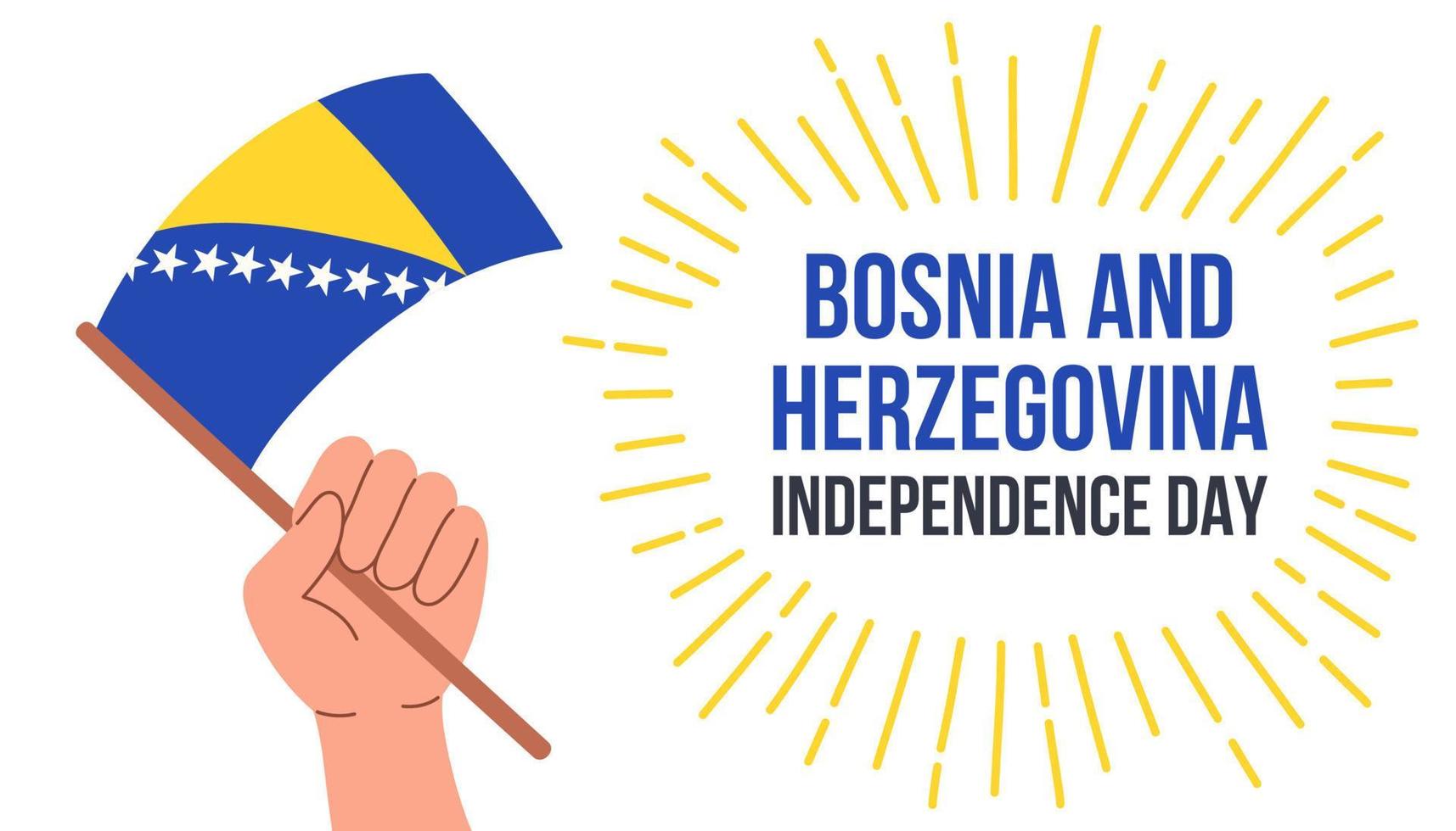 Bosnia and Herzegovina independence day vector banner. Bosnian wavy flag in hand patriotic holiday horizontal design