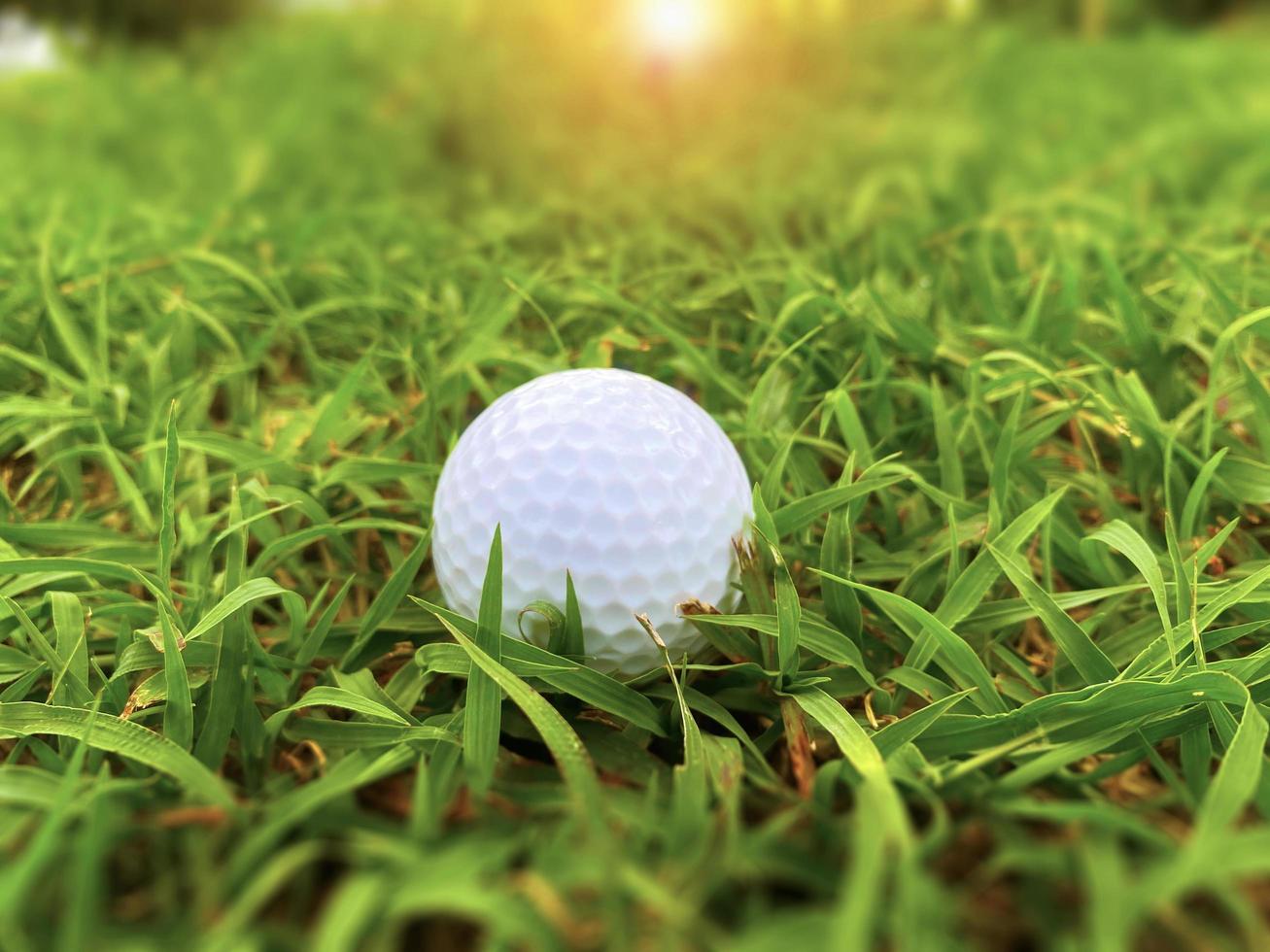 Golf ball close up on green grass on blurred beautiful landscape of golf course with sunrise,sunset time on background.Concept international sport that rely on precision skills for health relaxation. photo