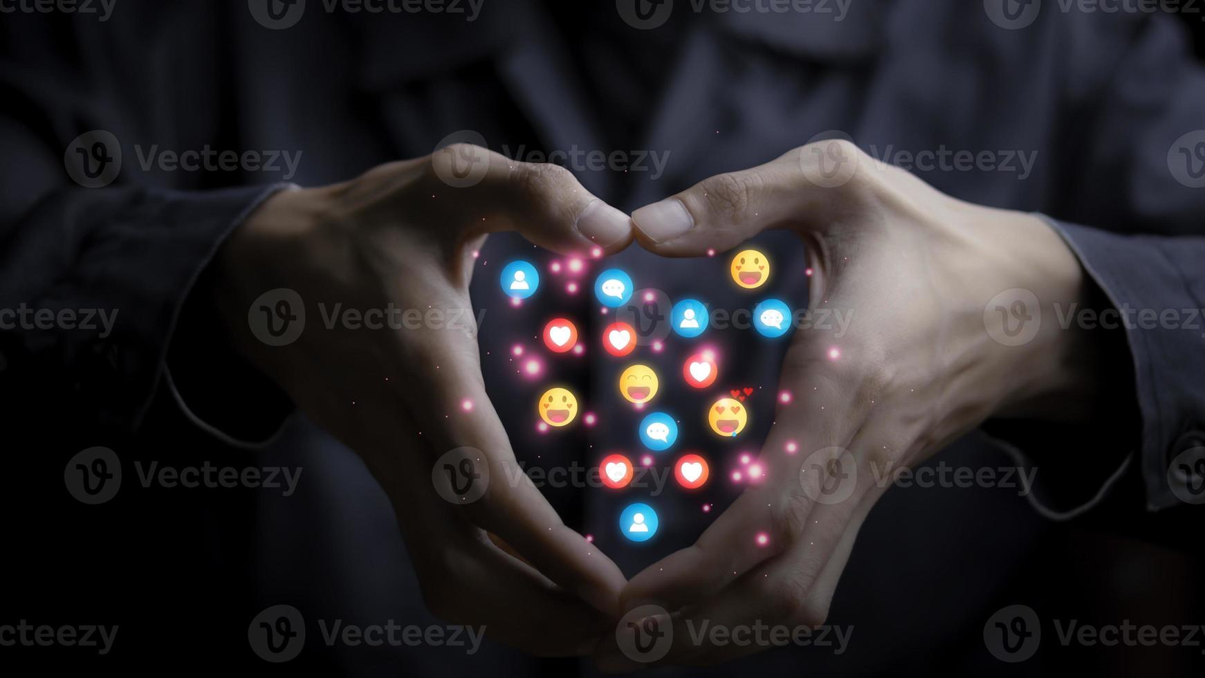 Person happy valentines day Icon of love, warmth, sent to lovers or family and social media interactions on laptop,message, email, comment ,businessman hands work on screen device,internet digital. photo