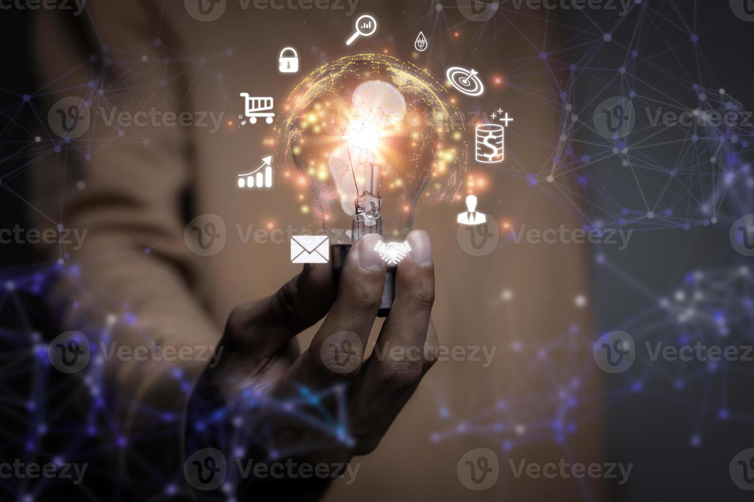 Businessman holding a virtual screen world with virtual Global Internet connection. Digital marketing and global internet connection application technology, Digital link tech,Financial daily life. photo