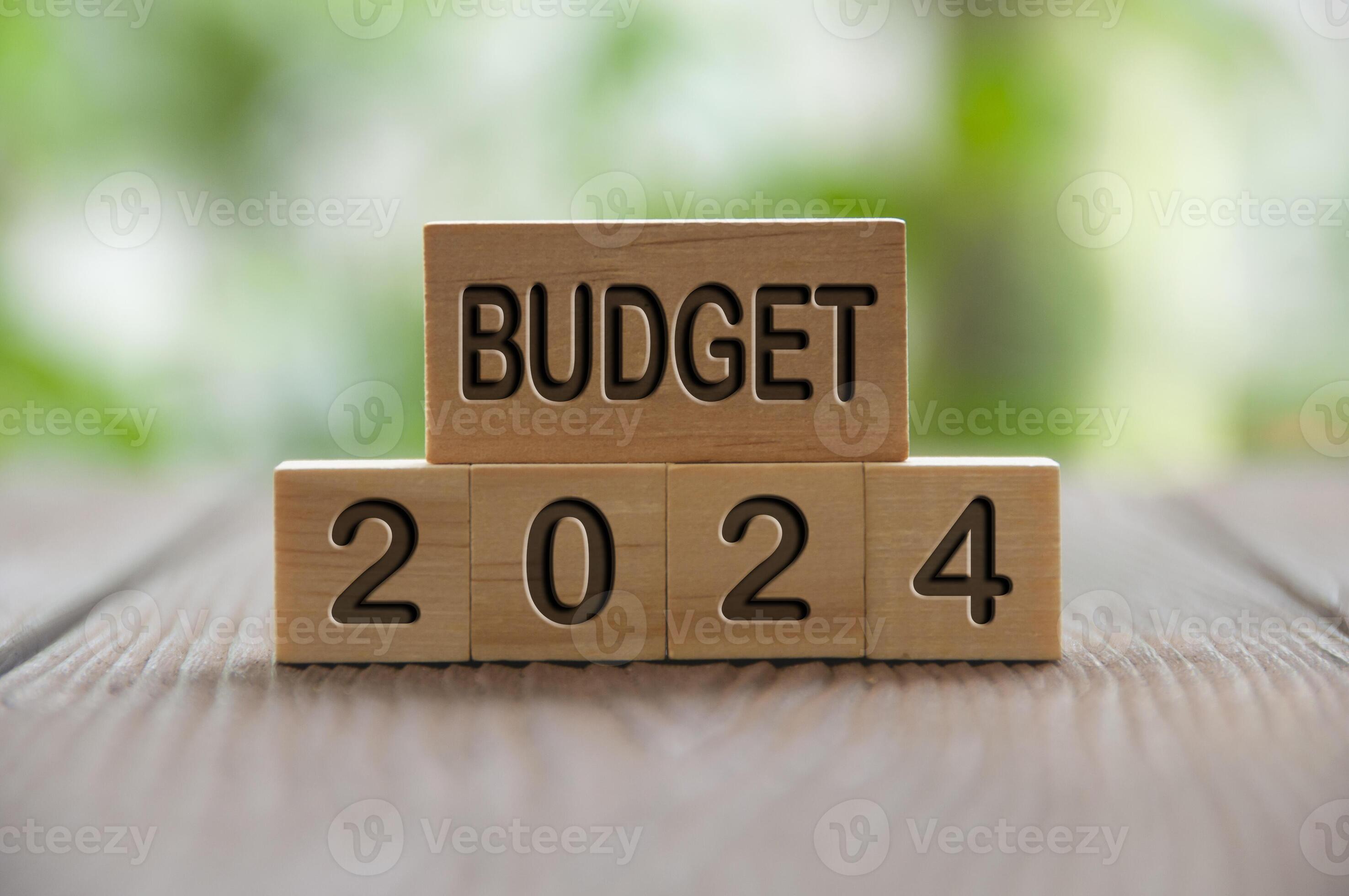 Budget 2024 text on wooded blocks with blurred nature background