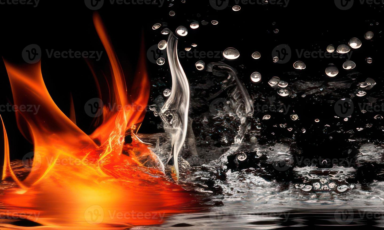 fire flames and water splash on black background photo