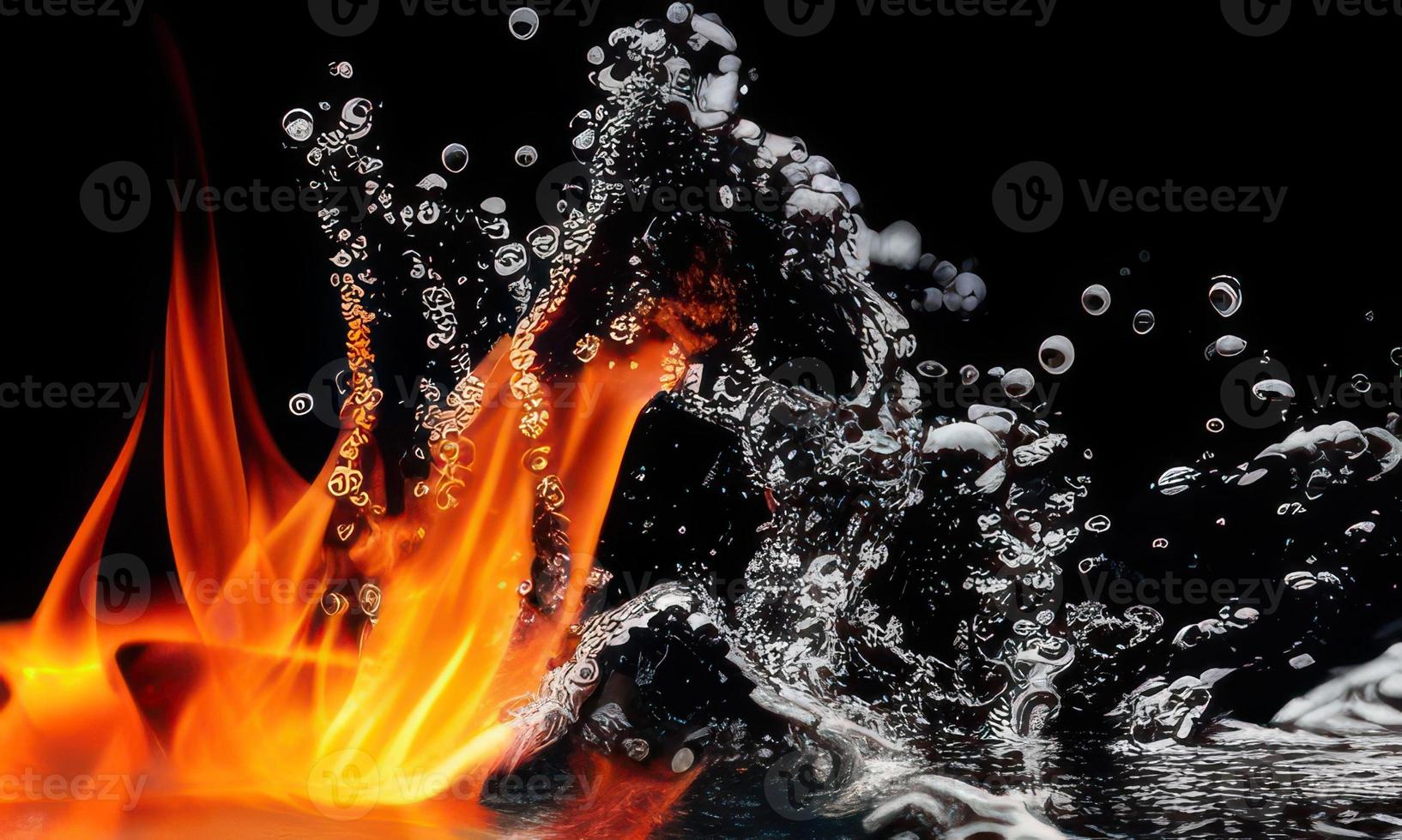 fire flames and water splash on black background photo