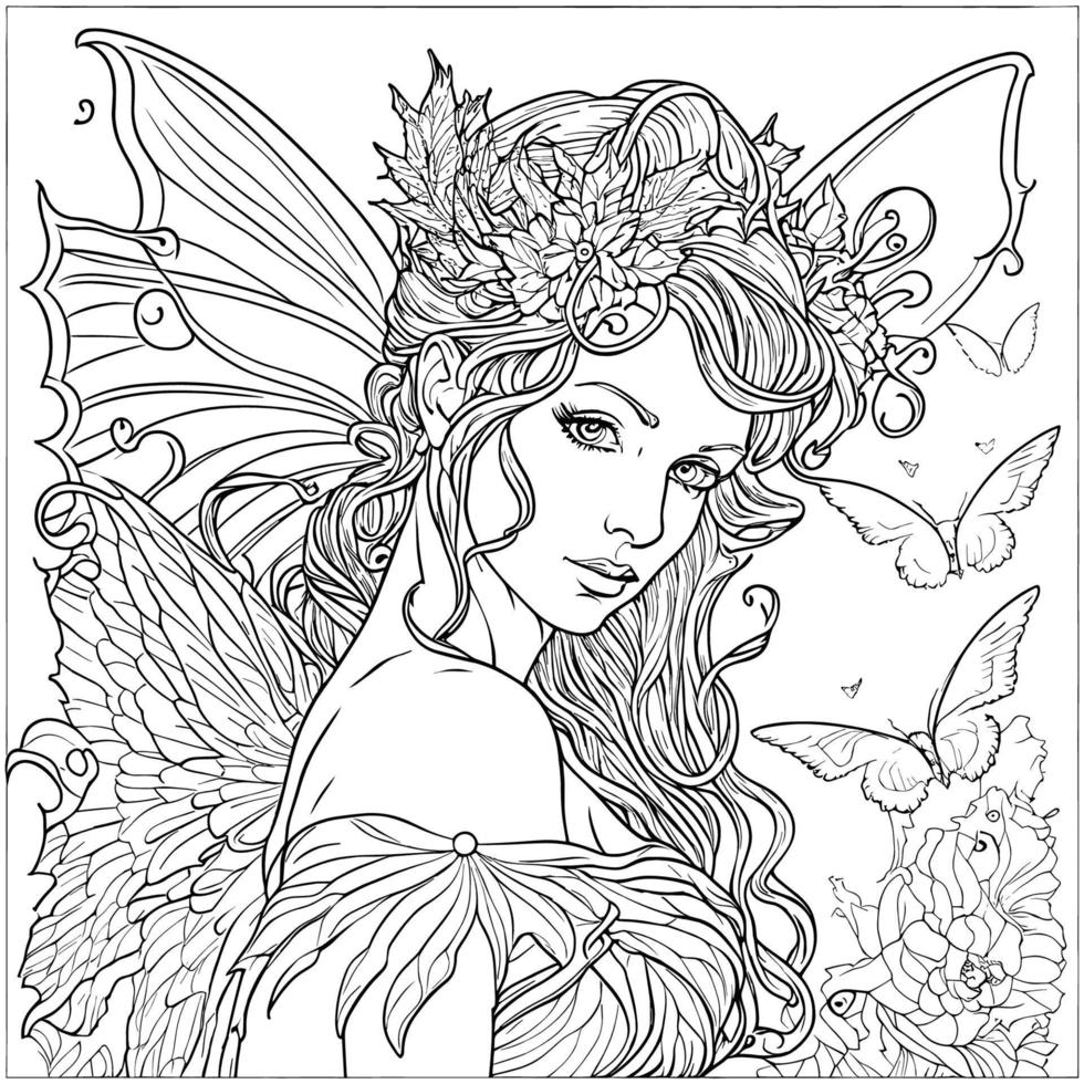 Fairy adults coloring page line art vector
