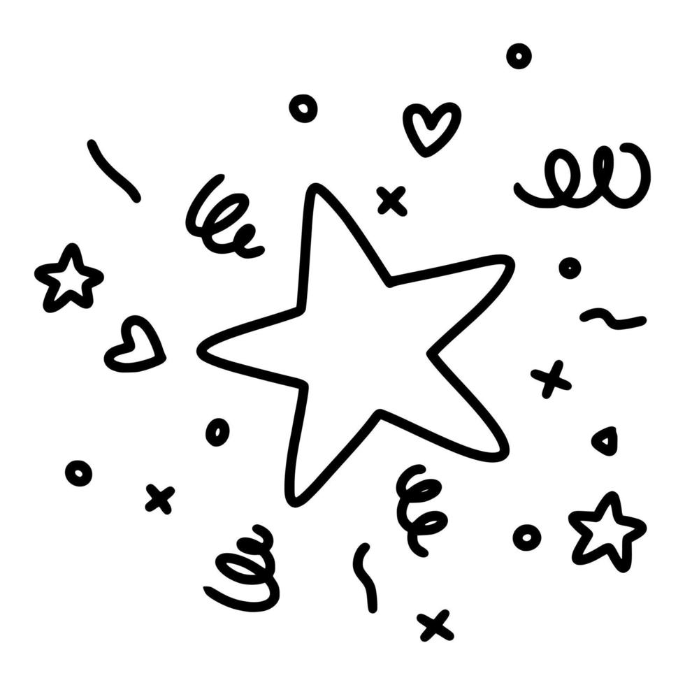 Doodle sketch style of confetti with star ribbons cartoon hand drawn illustration for concept design. vector