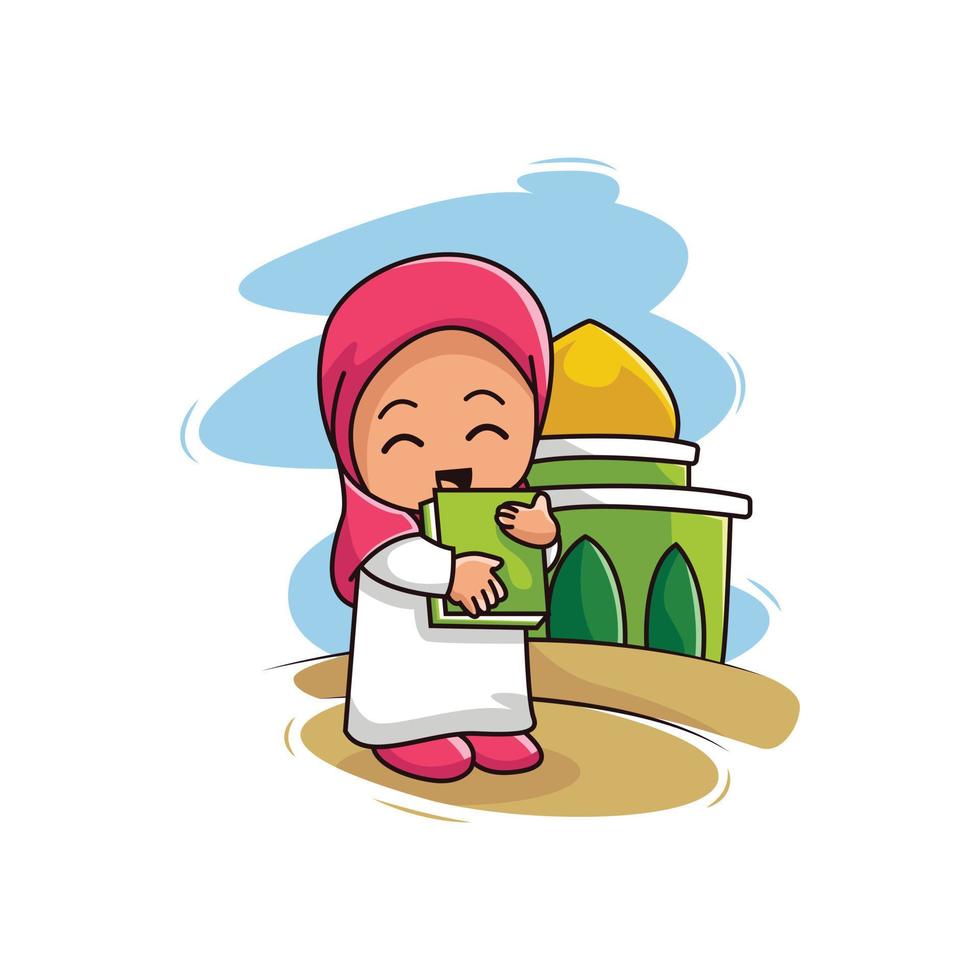 Ramadán personaje logo ilustración, linda niña personaje participación santo libro con mezquita encallado vector
