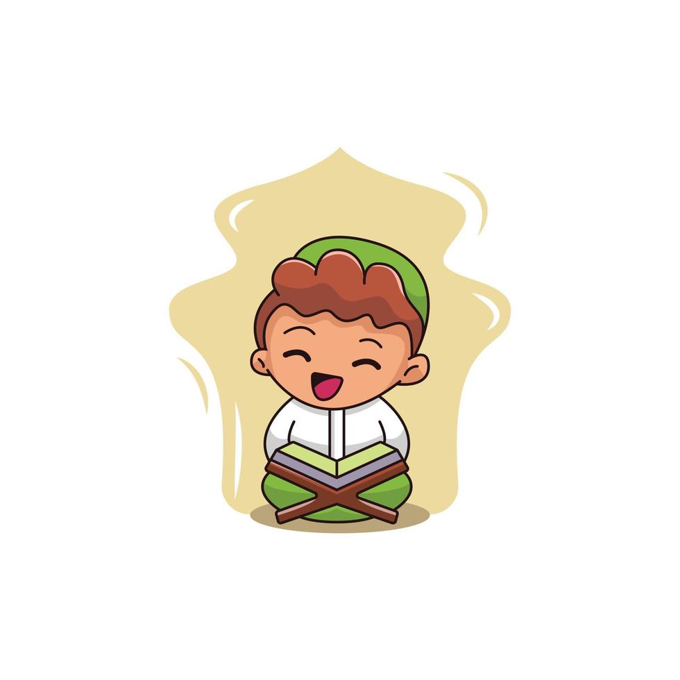 Islamic cute little boy character logo illustration reading the Koran. vector