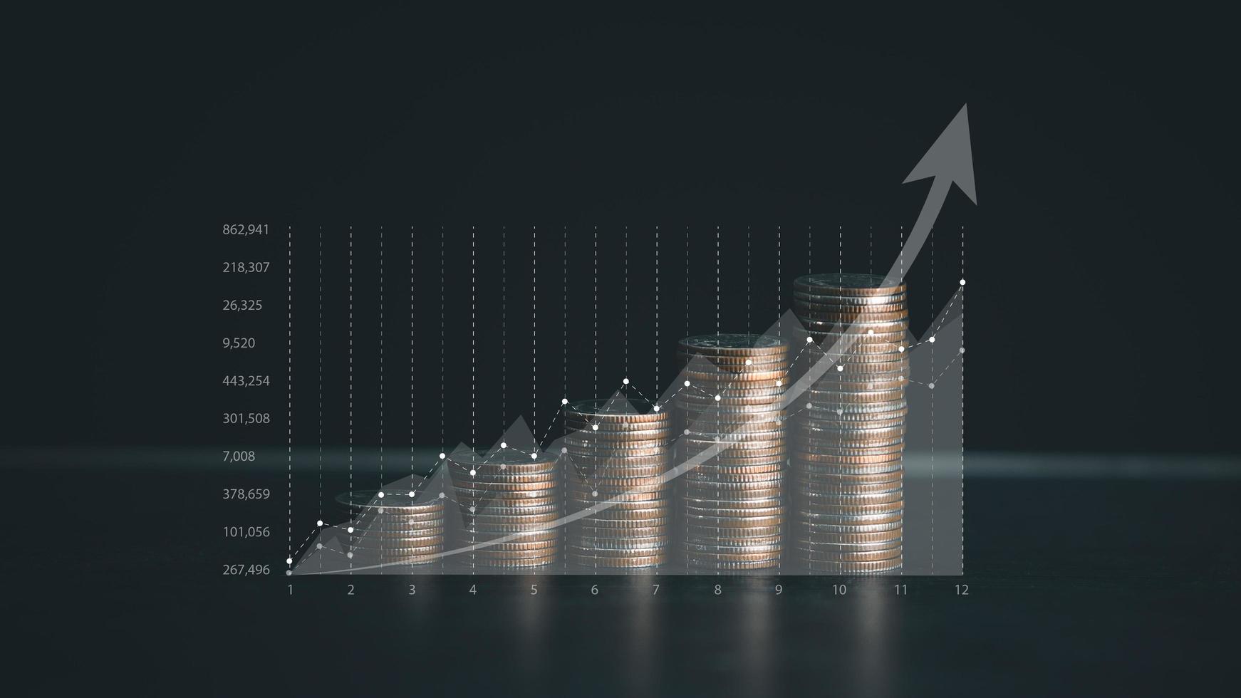 Finanzas y inversión concepto.dinero administración y financiero cuadro. creciente virtual holograma valores y filas de monedas en oscuro tono antecedentes. foto