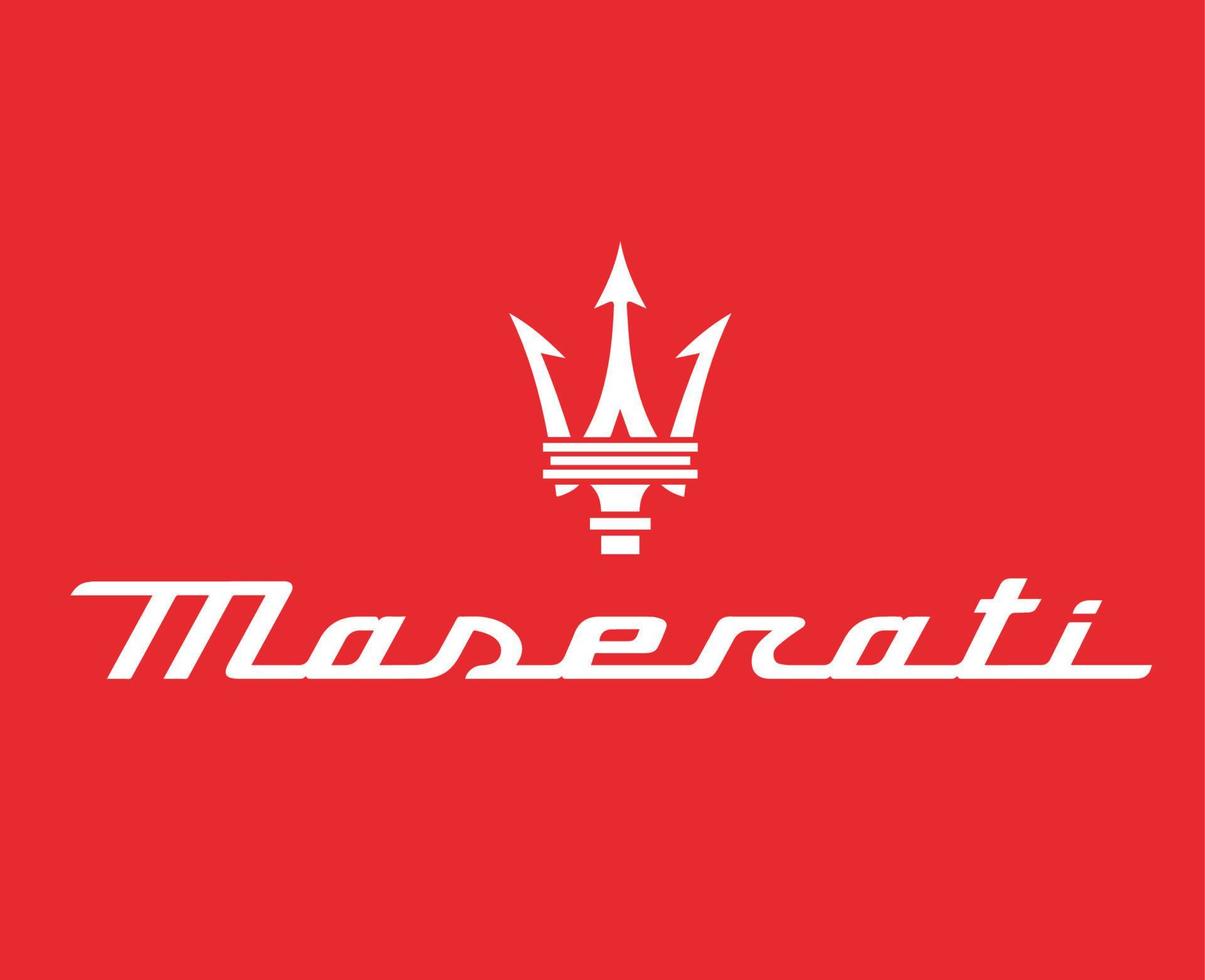 Maserati Symbol Brand Logo With Name White Design Italian Car Automobile Vector Illustration With Red Background