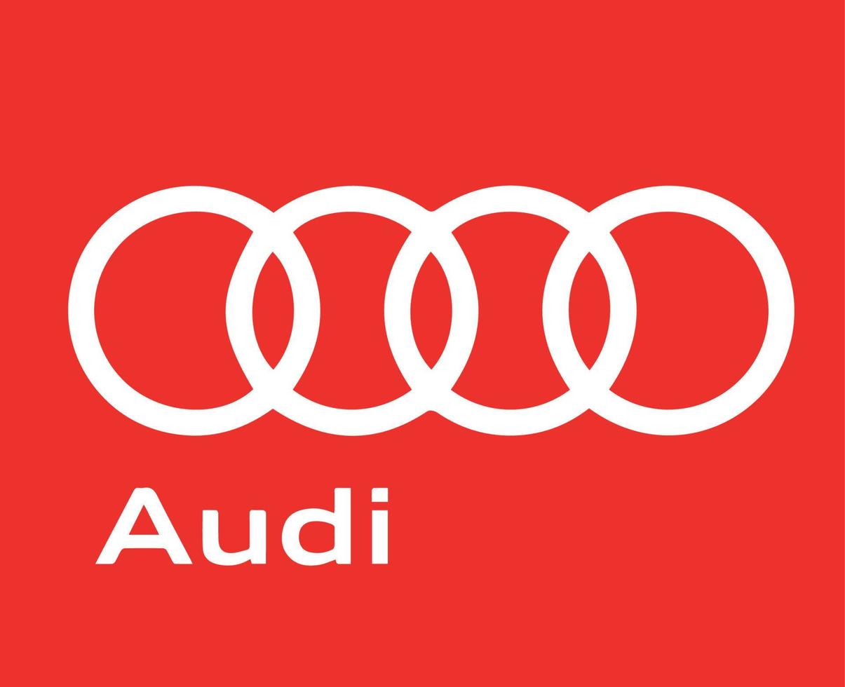 Audi Brand Logo Symbol With Name White Design german cars Automobile Vector Illustration With Red Background