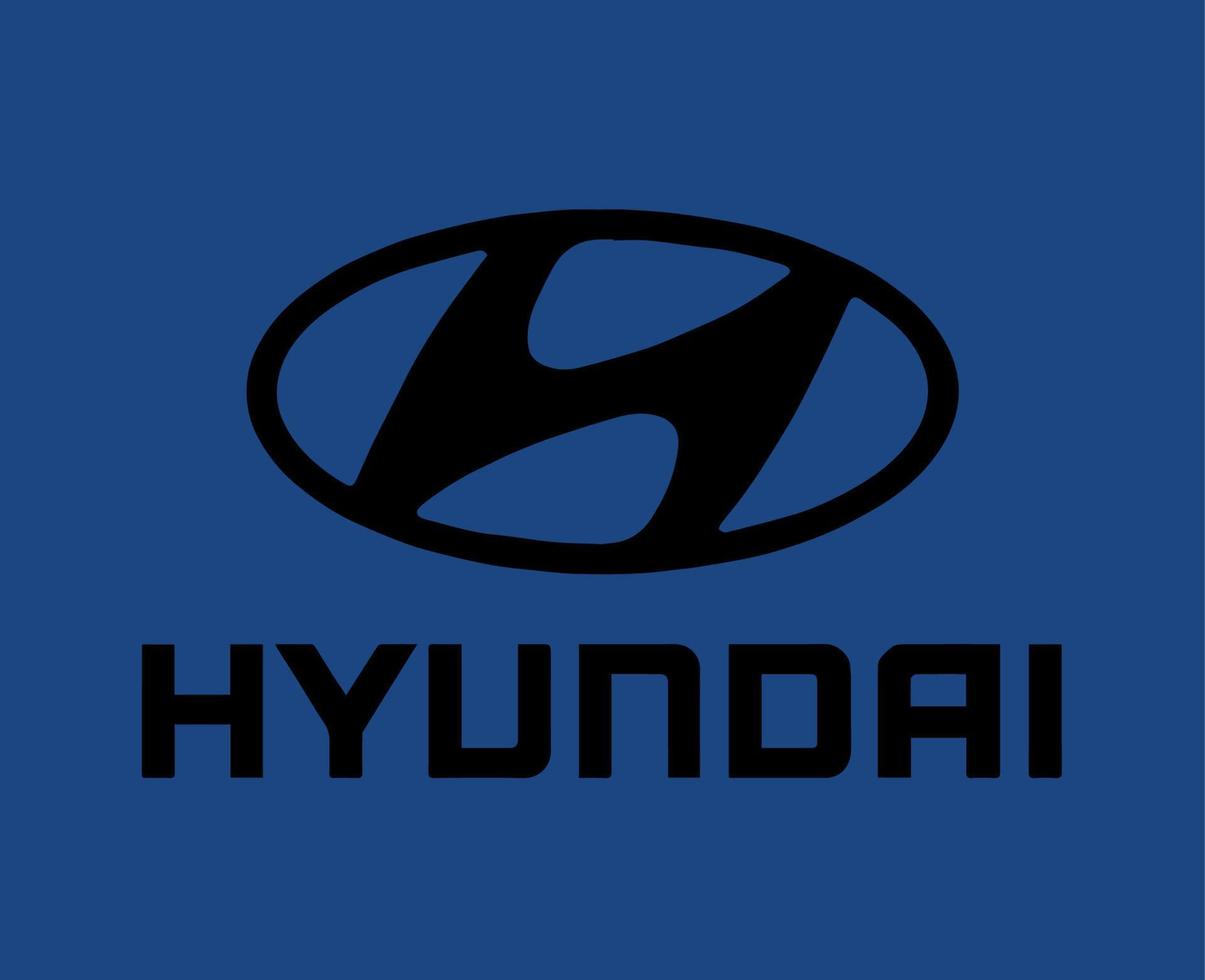 Hyundai Logo Brand Symbol With Name Black Design South Korean Car Automobile Vector Illustration With Blue Background