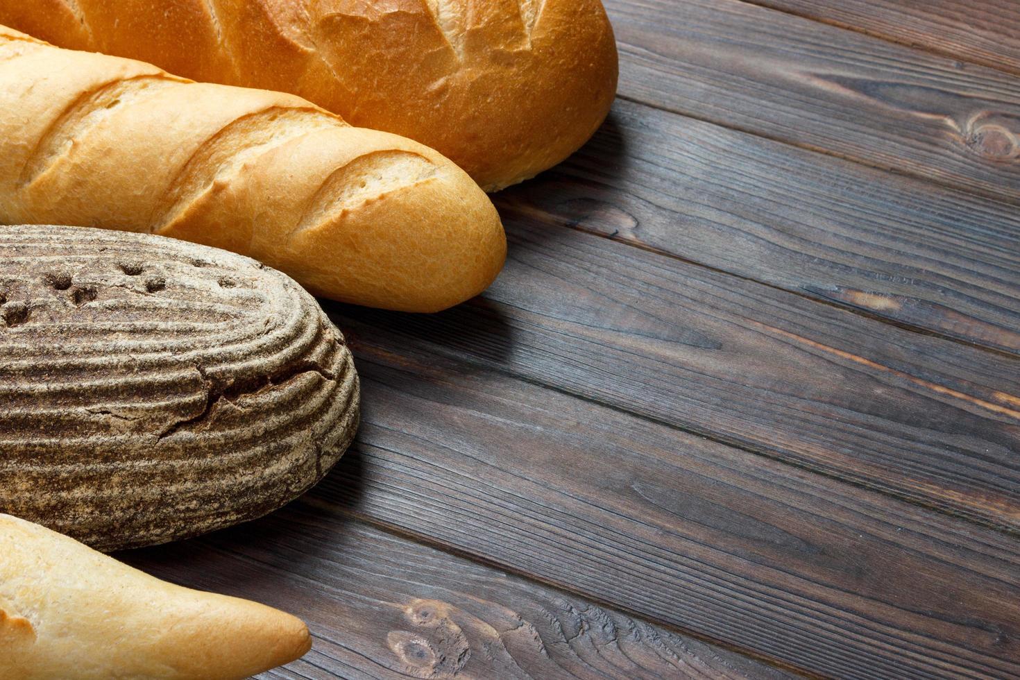 Bakery background, bread assortment. Top view with copy space photo