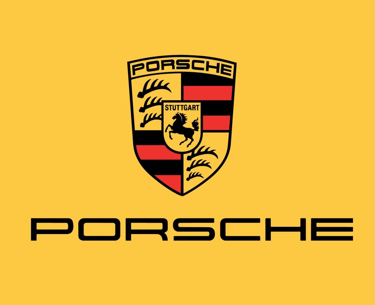 Porsche marca logo coche símbolo con nombre negro diseño alemán automóvil vector ilustración con amarillo antecedentes
