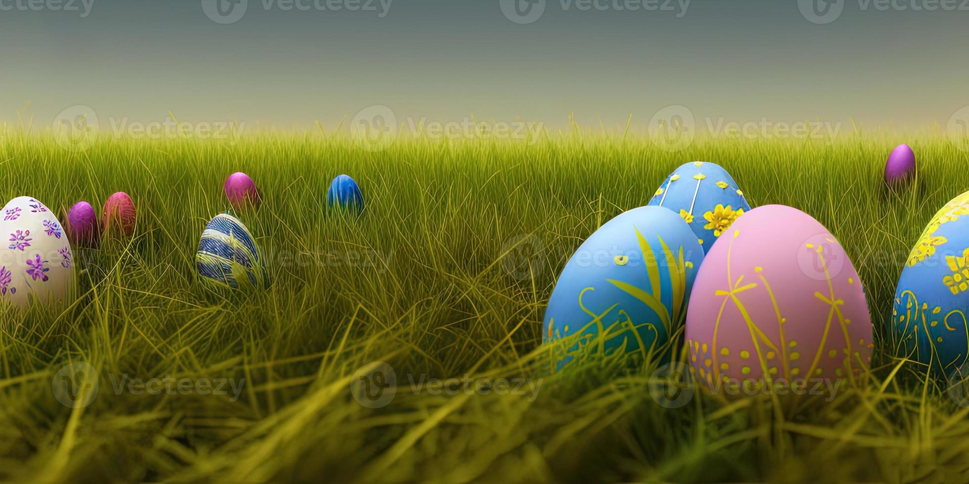 Easter background with decorated Easter eggs on a green meadow in the spring season. photo