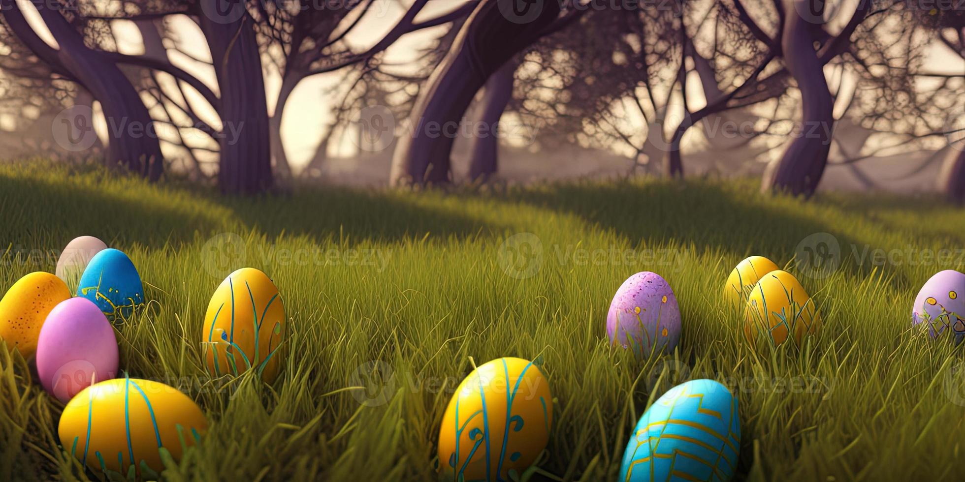 Easter background with decorated Easter eggs on a green meadow in the spring season. photo