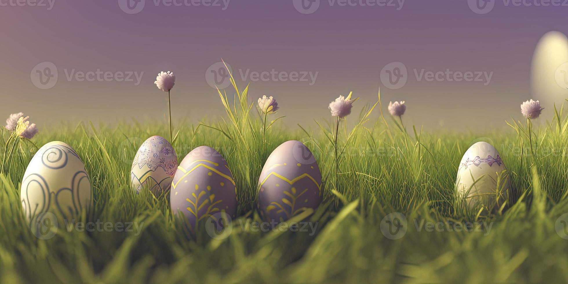 Easter background with decorated Easter eggs on a green meadow in the spring season. photo