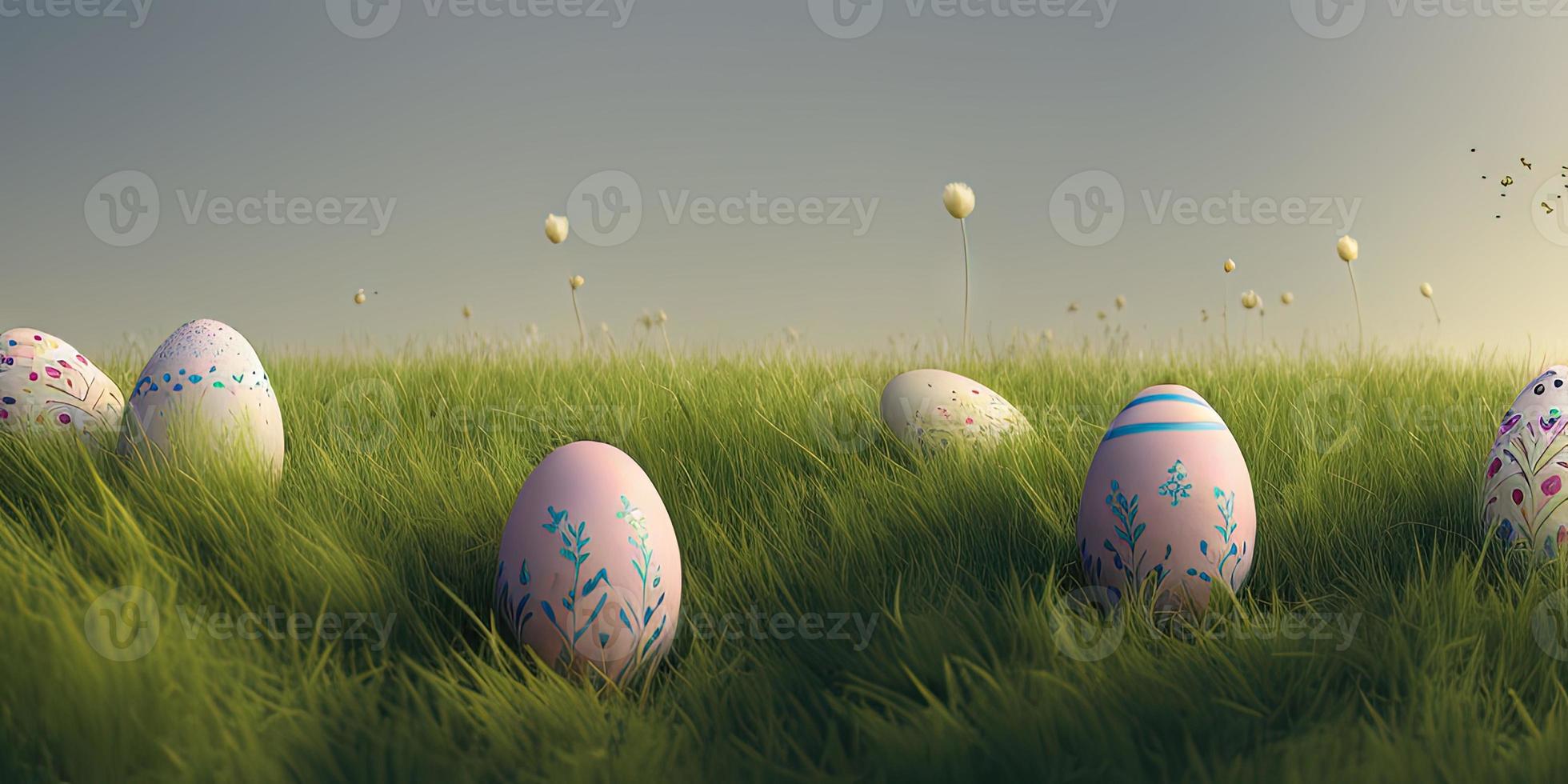 Easter background with decorated Easter eggs on a green meadow in the spring season. photo