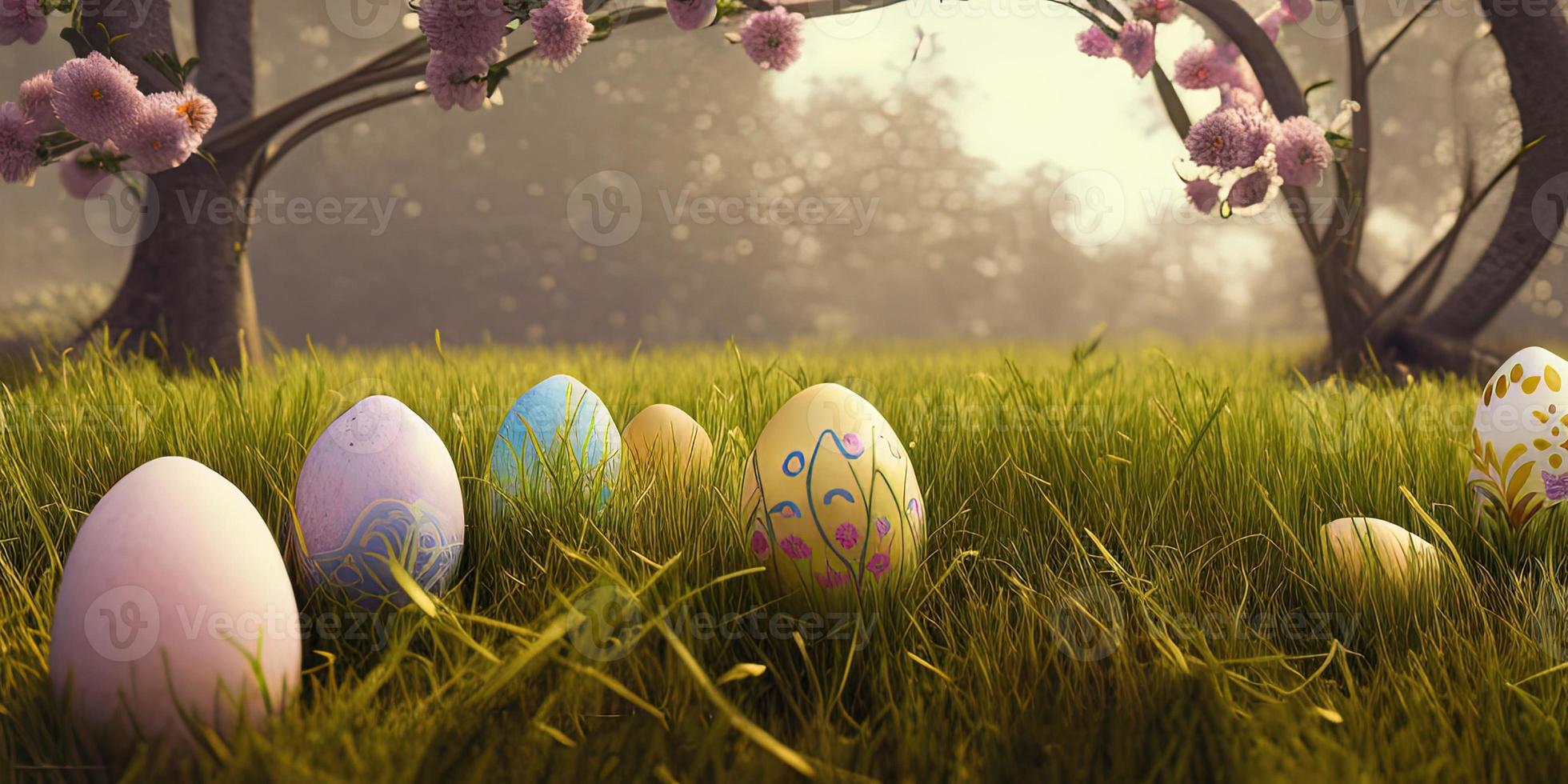 Easter background with decorated Easter eggs on a green meadow in the spring season. photo