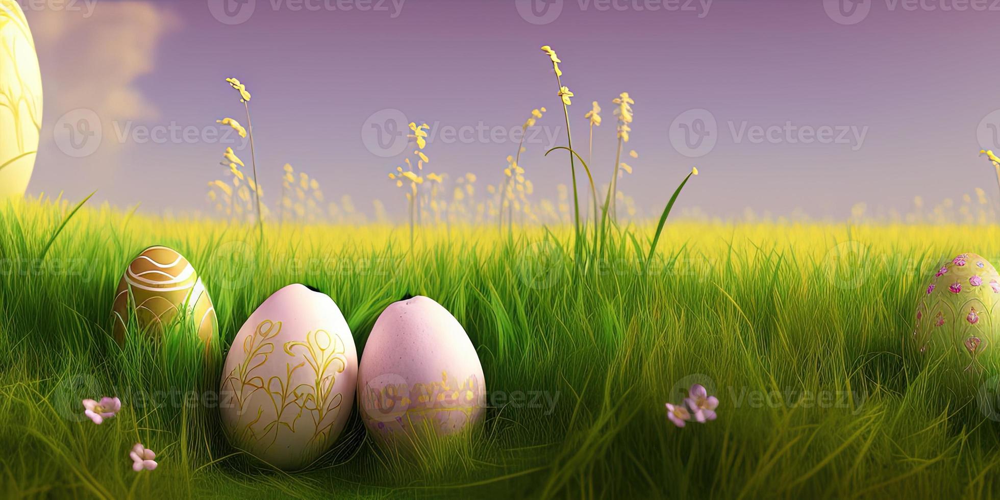 Easter background with decorated Easter eggs on a green meadow in the spring season. photo