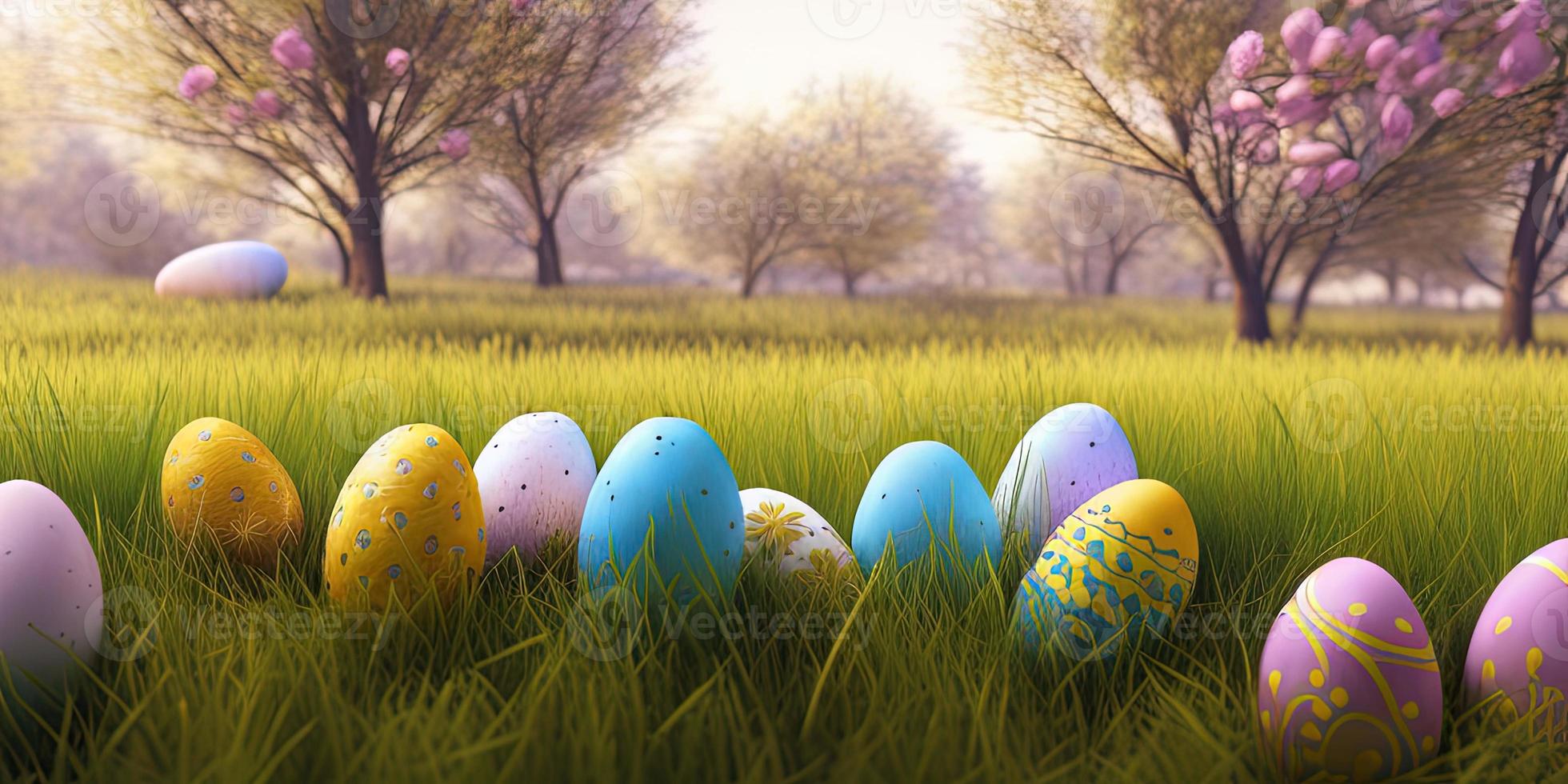 Easter background with decorated Easter eggs on a green meadow in the spring season. photo