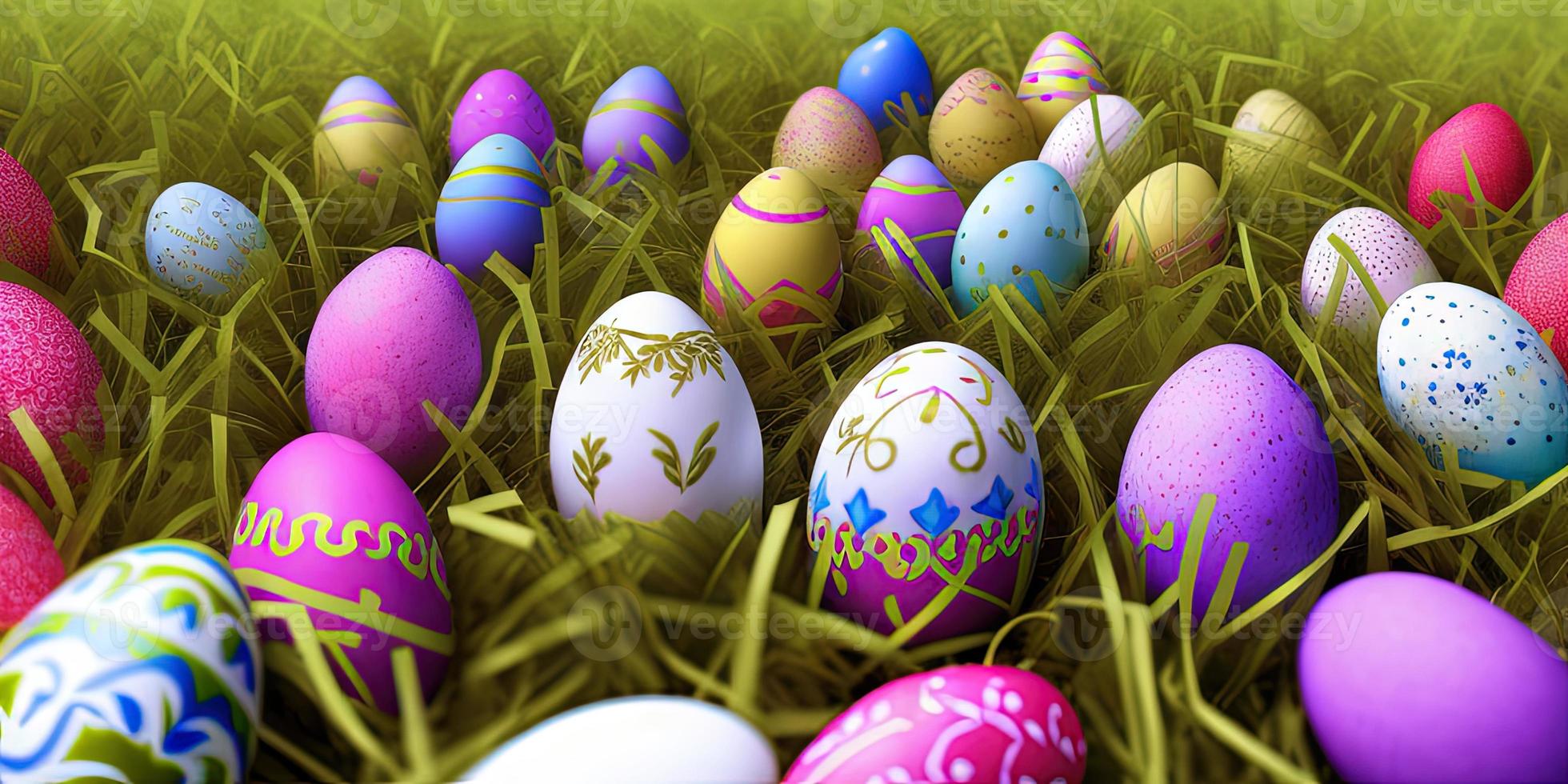 Easter background with decorated Easter eggs on a green meadow in the spring season. photo