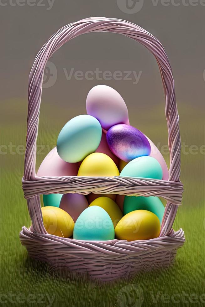 Festive Easter vertical poster template with colorful colorful eggs, website template. . Spring holiday. Easter eggs in a basket. Happy easter. Easter eggs set. photo