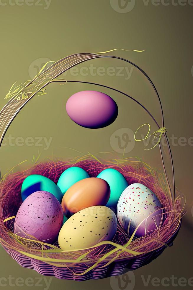 Festive Easter vertical poster template with colorful colorful eggs, website template. . Spring holiday. Easter eggs in a basket. Happy easter. Easter eggs set. photo