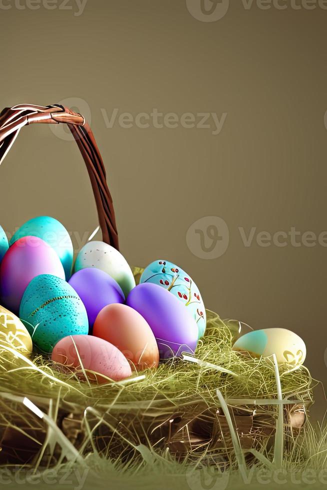 Festive Easter vertical poster template with colorful colorful eggs, website template. . Spring holiday. Easter eggs in a basket. Happy easter. Easter eggs set. photo