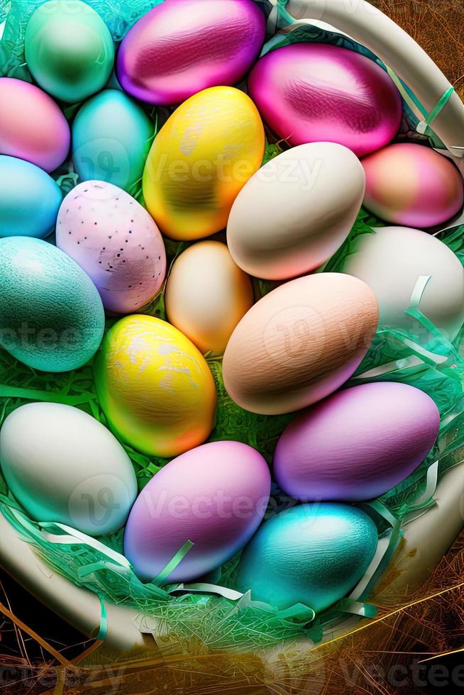 Festive Easter vertical poster template with colorful colorful eggs, website template. . Spring holiday. Easter eggs in a basket. Happy easter. Easter eggs set. photo