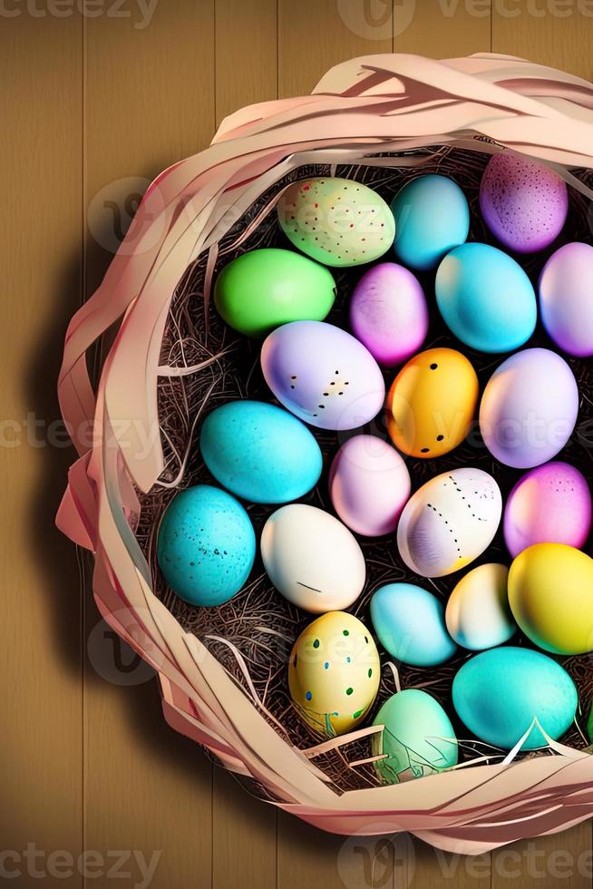 Festive Easter vertical poster template with colorful colorful eggs, website template. . Spring holiday. Easter eggs in a basket. Happy easter. Easter eggs set. photo