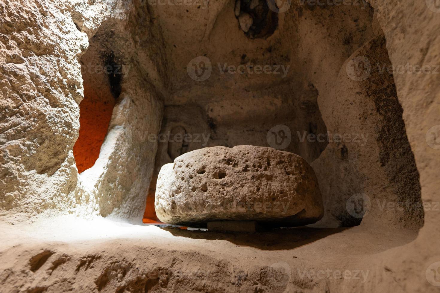 interior of an underground ancient city in Turkey in the Cappadocia region. photo