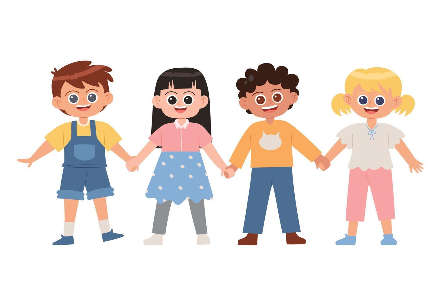 linda niños participación manos juntos dibujos animados vector