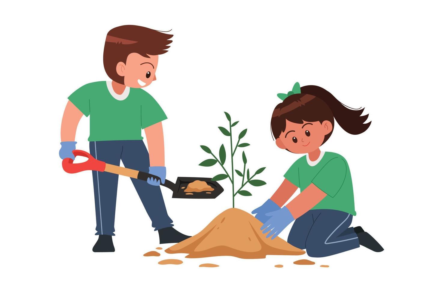 niños plantando árbol juntos dibujos animados vector