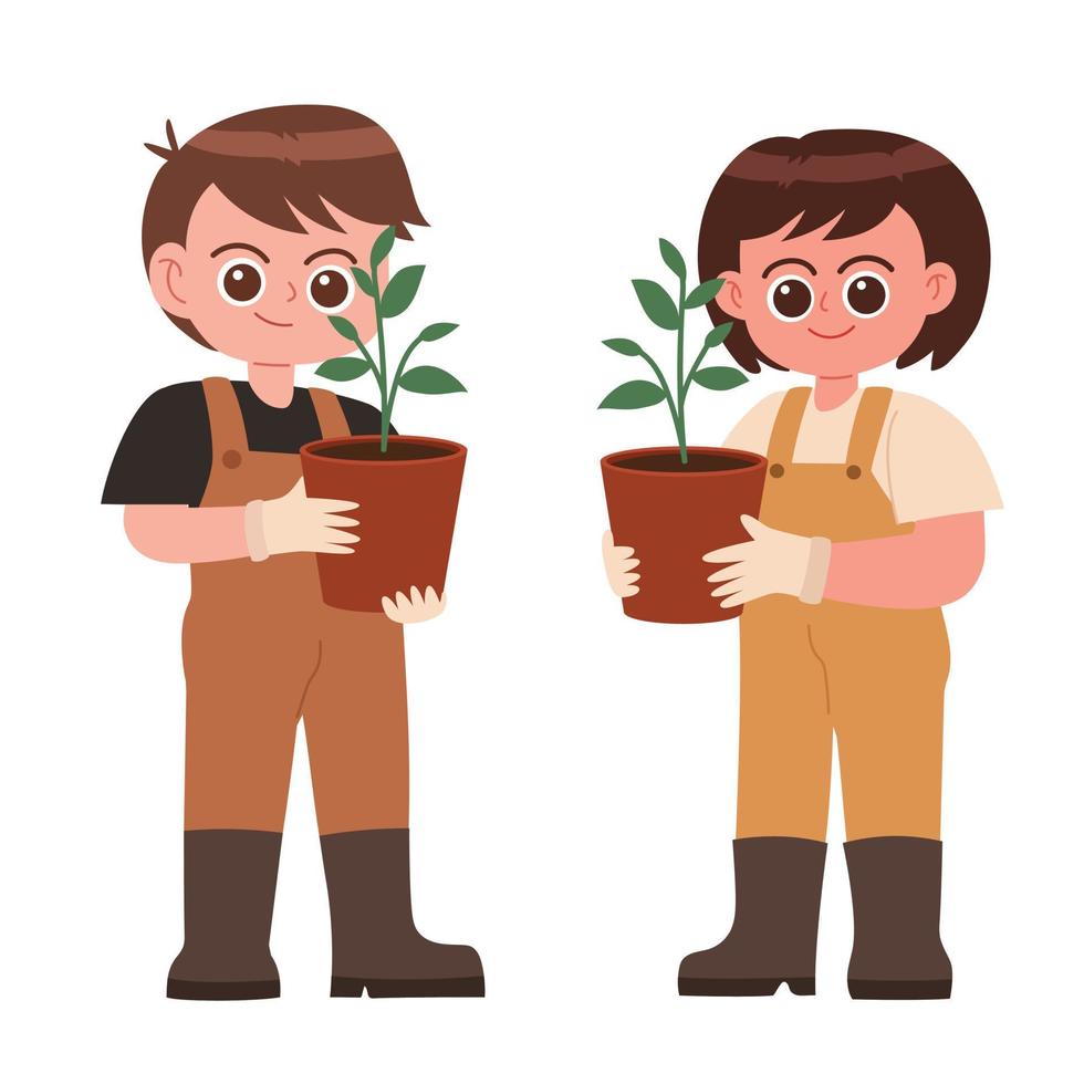 Cute children holding potted plants cartoon vector