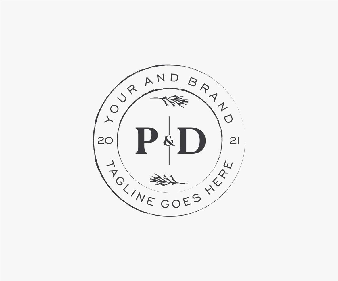 initial PD letters floral frames. Botanical feminine editable premade monoline unique decoration for greeting card, wedding invitation. vector