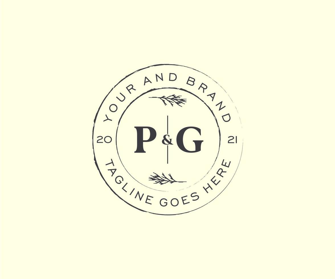 initial PG letters floral frames. Botanical feminine editable premade monoline unique decoration for greeting card, wedding invitation. vector