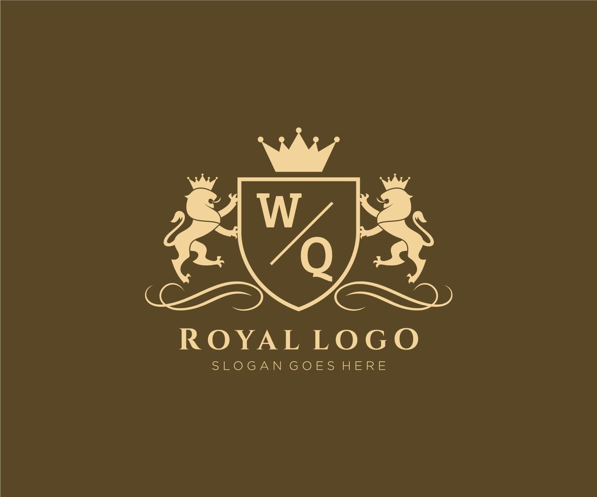 inicial wq letra león real lujo heráldica,cresta logo modelo en vector Arte para restaurante, realeza, boutique, cafetería, hotel, heráldico, joyas, Moda y otro vector ilustración.