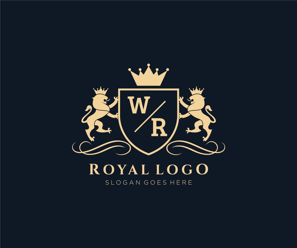 Initial WR Letter Lion Royal Luxury Heraldic,Crest Logo template in vector art for Restaurant, Royalty, Boutique, Cafe, Hotel, Heraldic, Jewelry, Fashion and other vector illustration.