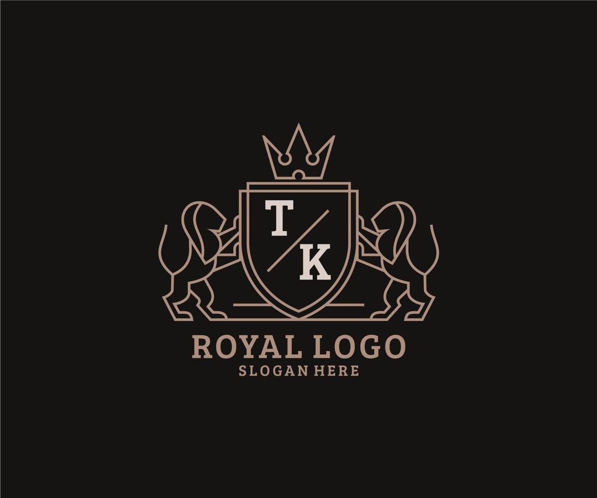 Initial TK Letter Lion Royal Luxury Logo template in vector art for Restaurant, Royalty, Boutique, Cafe, Hotel, Heraldic, Jewelry, Fashion and other vector illustration.