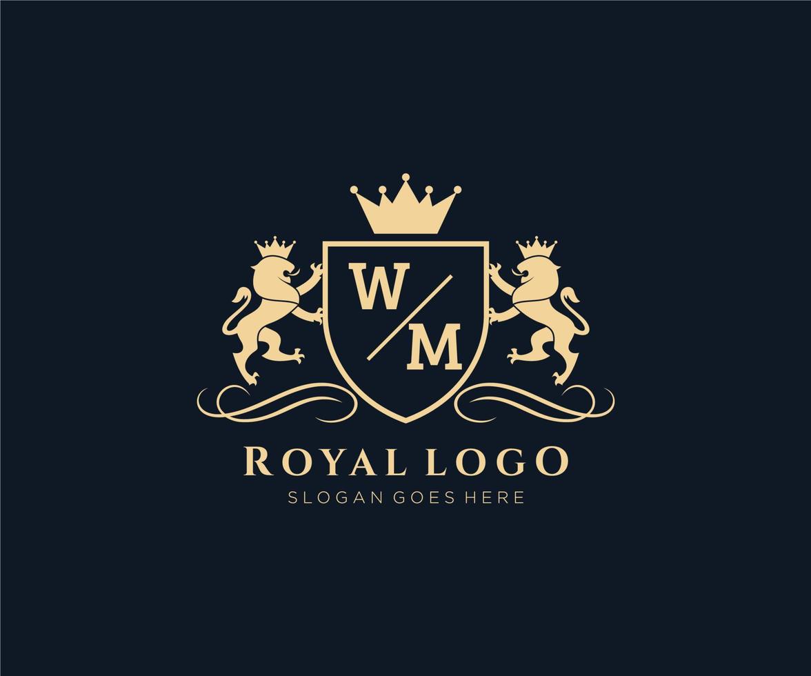 Initial WM Letter Lion Royal Luxury Heraldic,Crest Logo template in vector art for Restaurant, Royalty, Boutique, Cafe, Hotel, Heraldic, Jewelry, Fashion and other vector illustration.