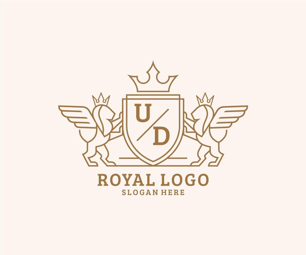 Initial UD Letter Lion Royal Luxury Heraldic,Crest Logo template in vector art for Restaurant, Royalty, Boutique, Cafe, Hotel, Heraldic, Jewelry, Fashion and other vector illustration.