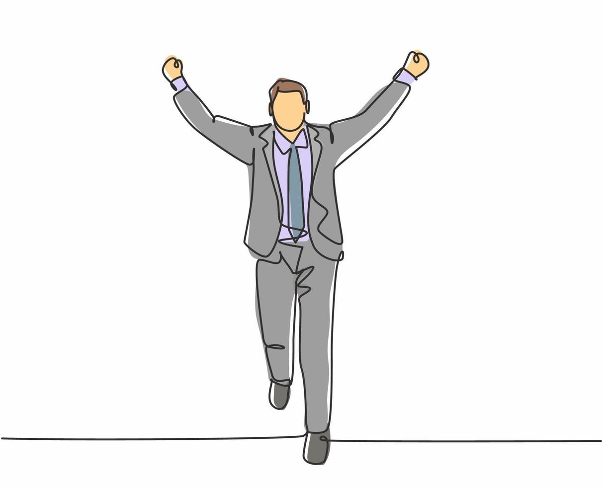 Single continuous single line drawing of young happy male manager running and open his hands after cross the finish line. Business race competition concept one line draw design vector illustration