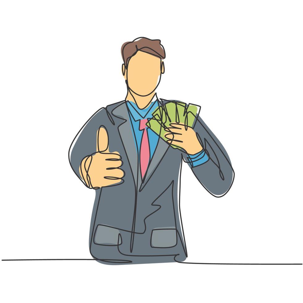 One line drawing of young happy business man holding money paper stack and gives thumbs up gesture. Business success concept. Continuous line draw design vector illustration